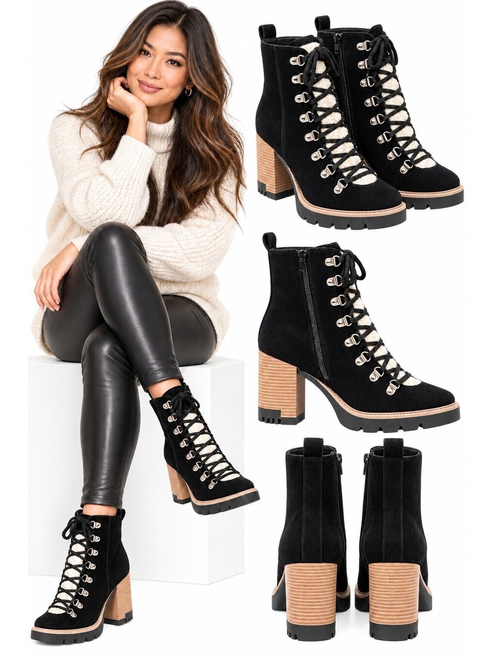 New Women’s Size 9.5 Black Sherpa Lace-Up Heeled Boots